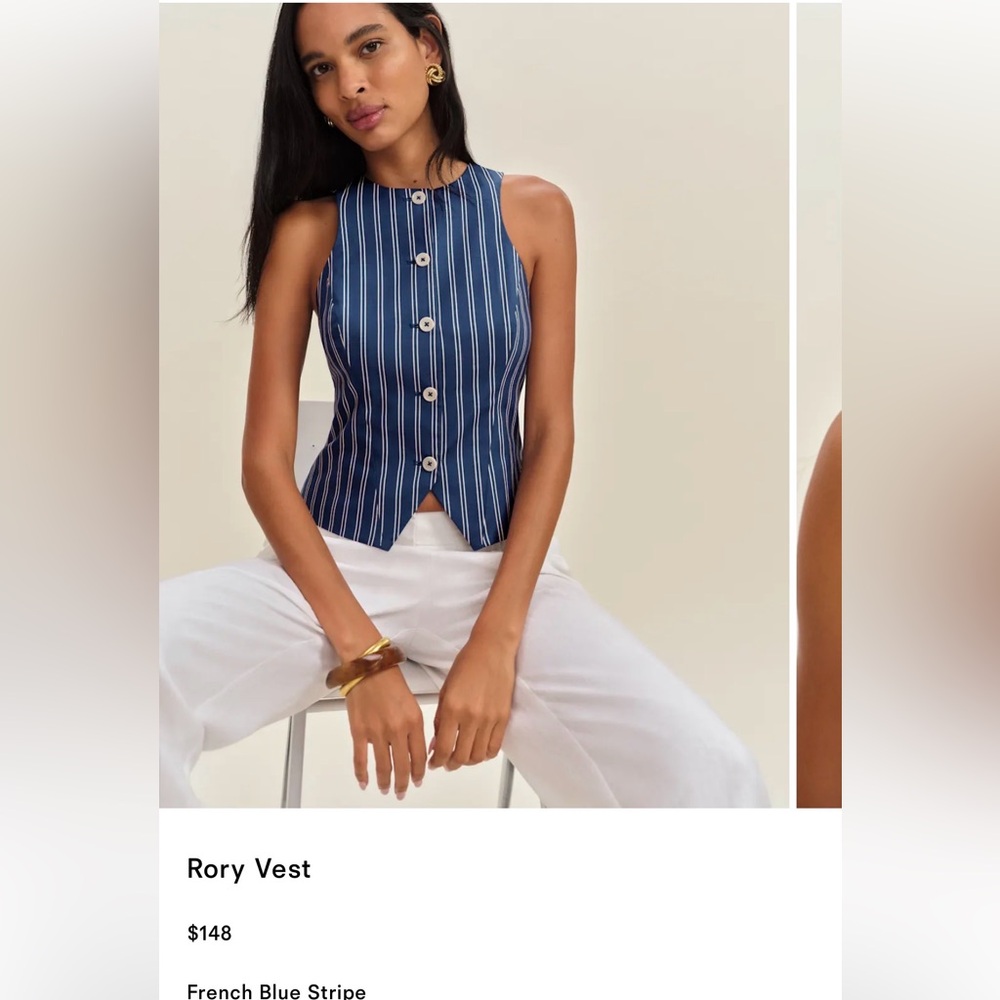 Reformation Navy Striped Button Down Top
